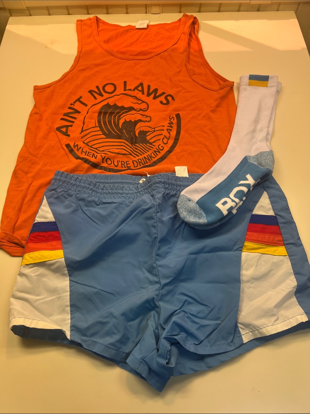 Vintage Orange Graphic Tank with Light Blue Swim Trunks